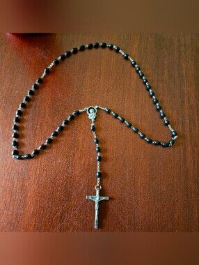 Black Beaded Rosary Catholic Prayer Meditation Men Women Children